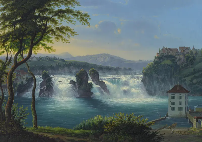 Waterfall scene by Johann Heinrich Bleuler the Younger, medium unknown