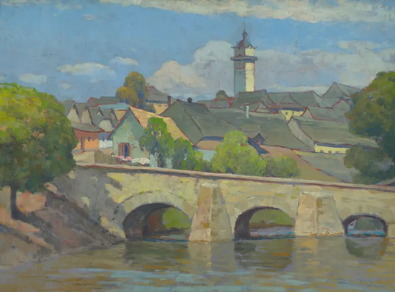 Oil painting by Ľudovít Čordák depicting a small town with warm light