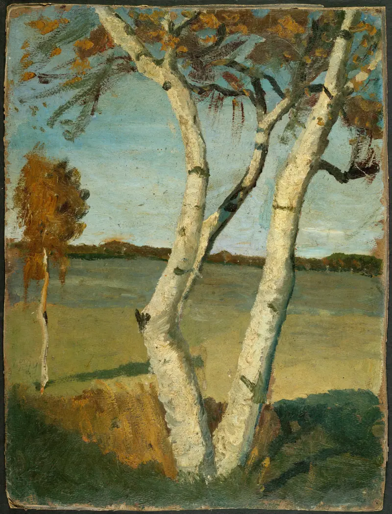 Birch tree in a landscape, oil on canvas by Paula Modersohn-Becker
