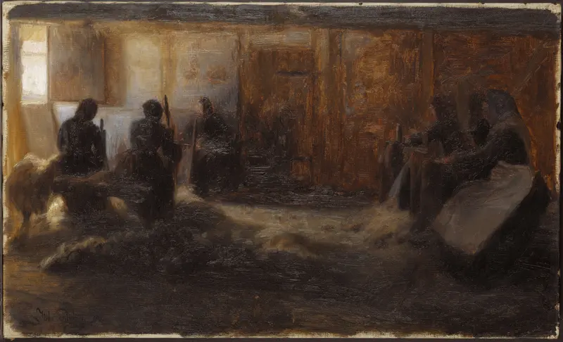 A depiction of flax-beating in a rural setting by Julius Paulsen.