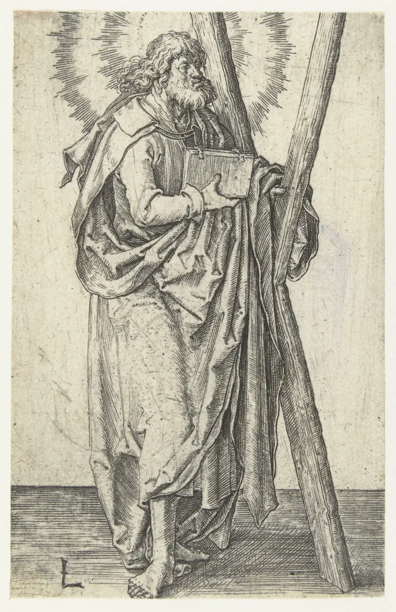 Engraving of apostle Andreas by Lucas van Leyden, featuring serene expression and soft light.