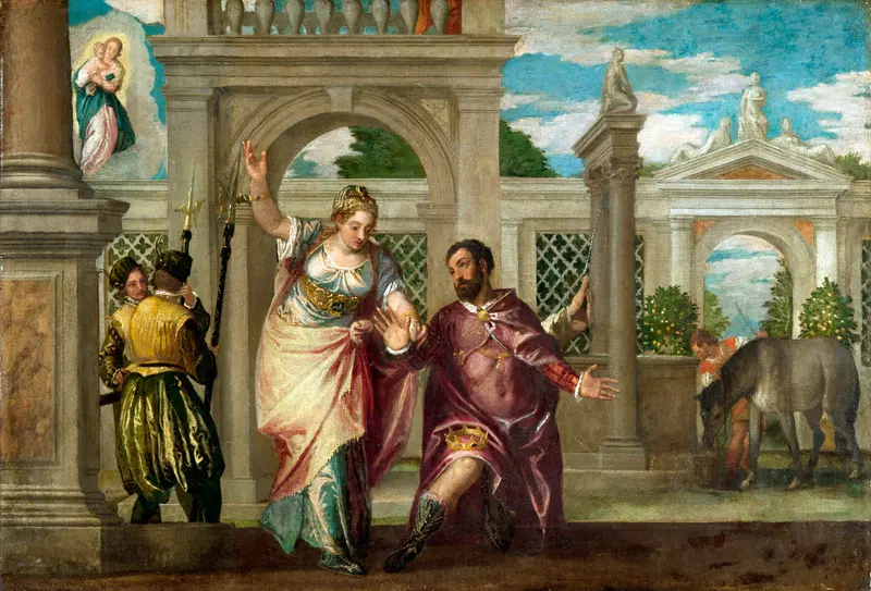 A historical depiction of Emperor Augustus conversing with a Sibyl.