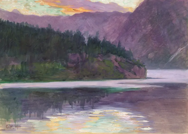 Gebirgssee by Carl Moll, oil on canvas depicting a tranquil lake and mountains.