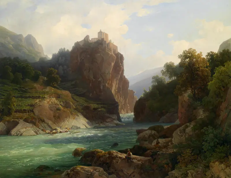 Blick auf die Zenoburg bei Meran, oil painting by Thomas Ender, depicting a castle and mountains.