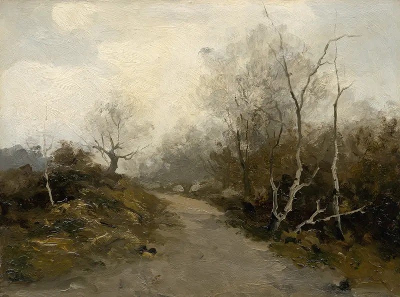 Forest Road by Felicián Moczik, oil painting depicting a winding path through a forest