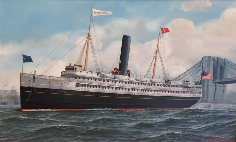 A steamship named 'Horatio Hall' sails through choppy green water with the Brooklyn Bridge in the background.