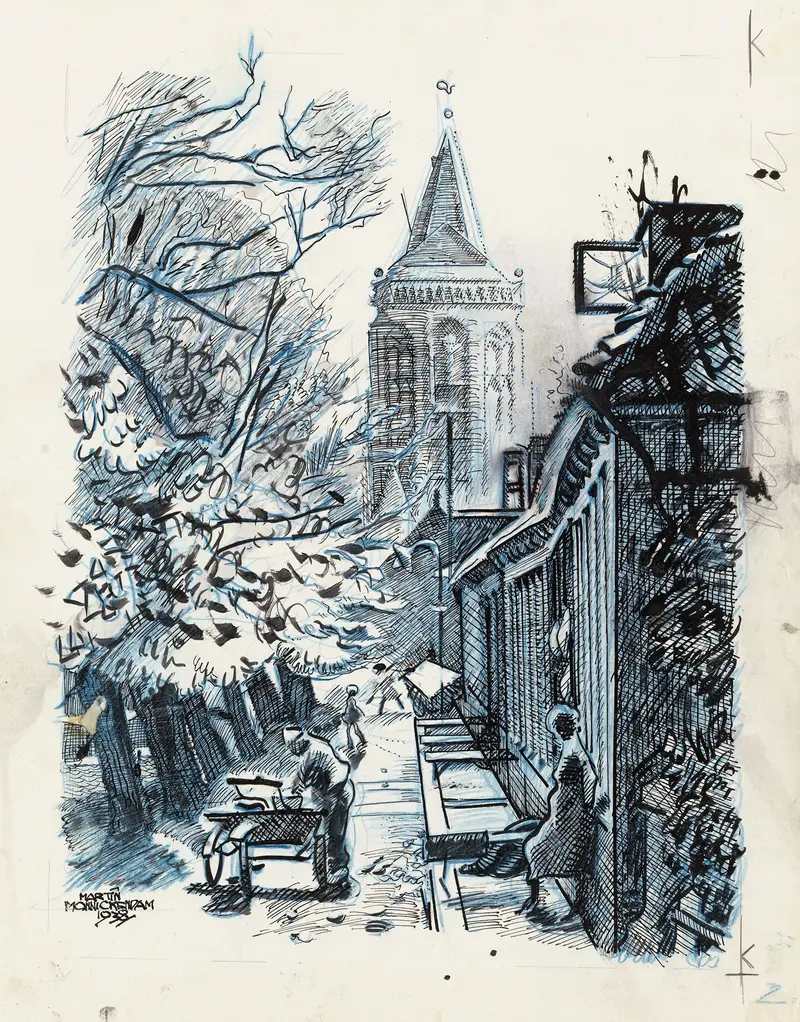 Oil painting by Martin Monnickendam featuring a village and St. Nicolaaskerk