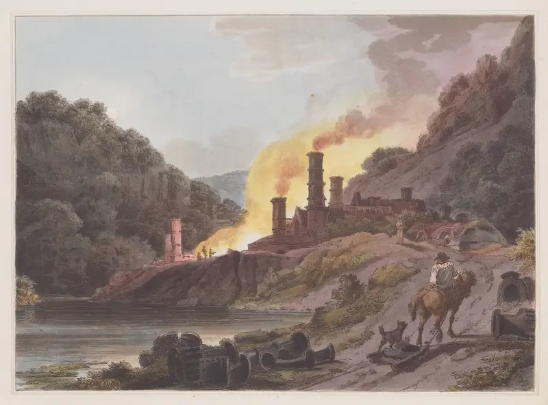 Iron Works, Colebrook Dale by Philip James de Loutherbourg, oil on canvas depicting laborers in an industrial setting.