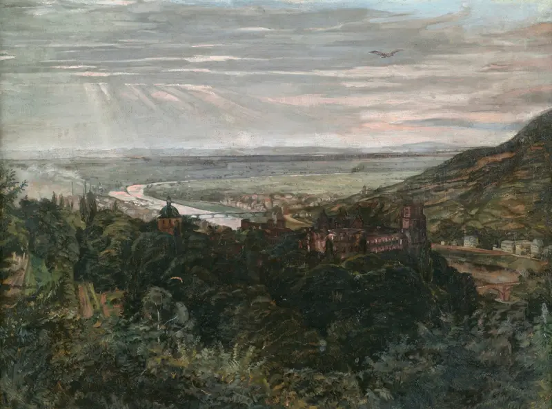 Landscape of Heidelberg with hills and rooftops, oil painting by Wilhelm Trübner