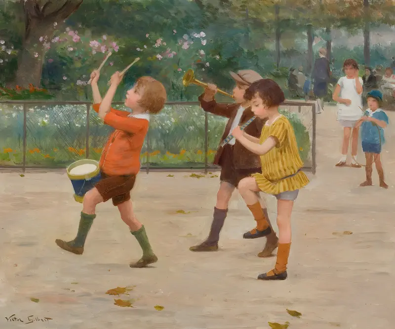 A charming depiction of children playing music in a lively setting.