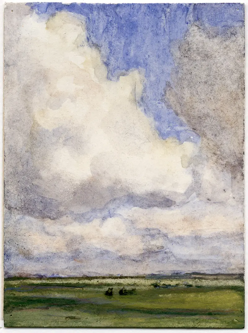 Hoge wolkenlucht boven weilanden, oil on canvas by Frans Smissaert, depicting a landscape with clouds.