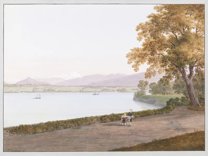 Vue du Lac Léman près de Genève by Jean-Antoine Linck, oil on canvas showing a tranquil lake and distant mountains.