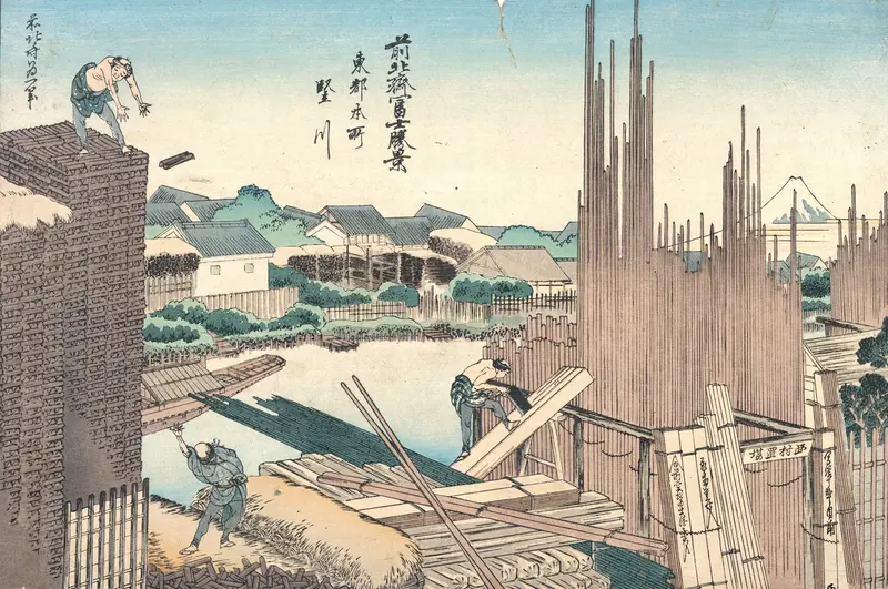 Ukiyo-e by Katsushika Hokusai depicting turbulent waves and boats