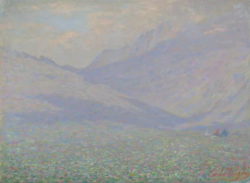 Landscape In Valtellina by Emilio Longoni, depicting rolling hills and mountains in a hazy sunset.