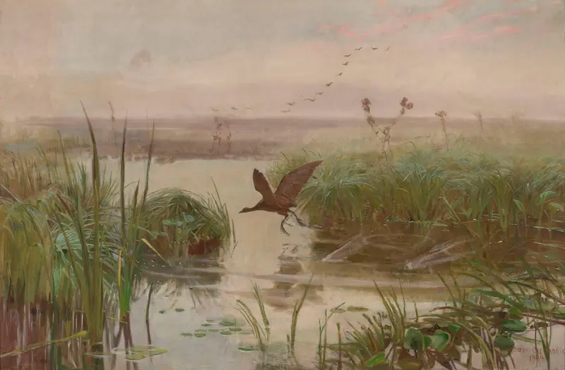 Water Hen by Jozef Chelmonski, depicting a water hen among reeds, oil painting