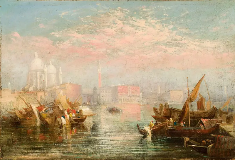 Seascape by Joseph Mallord William Turner, oil painting depicting turbulent sea and sunset.
