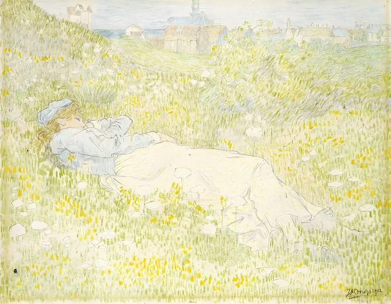 A woman reclines in the dunes, surrounded by a serene landscape.