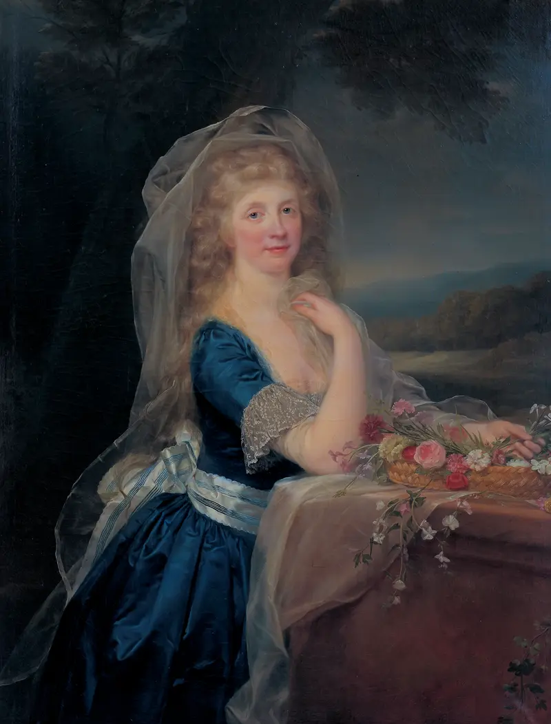 A woman in elegant attire gazes at the viewer with a composed expression, embodying both dignity and individuality.