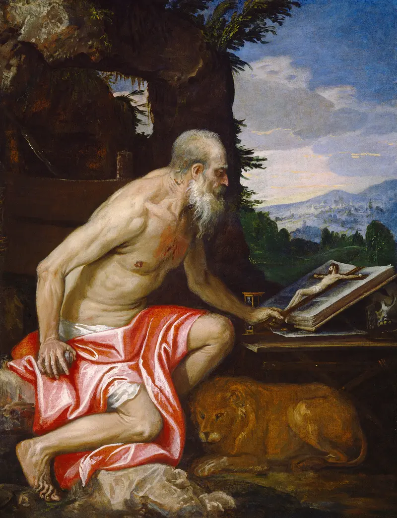 Saint Jerome in the Wilderness by Paolo Veronese depicts the saint in a serene natural setting.