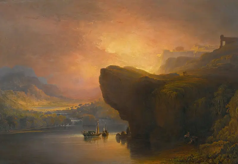 The City Of God And The Waters Of Life, oil on canvas by John Martin depicting a city with water and dramatic sky.