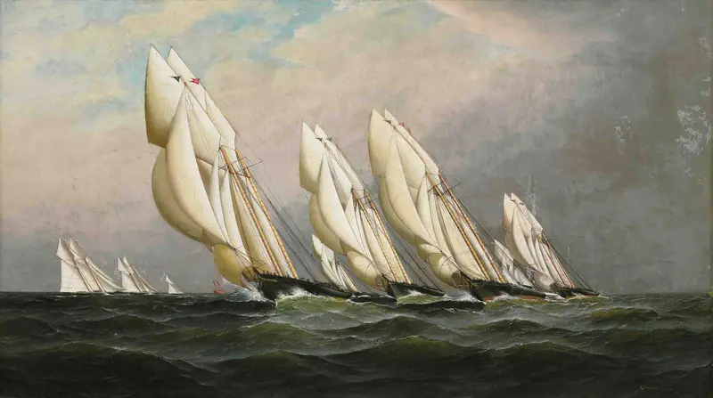 A line of racing schooners with sails full, cutting through churning waves under a pale blue sky.