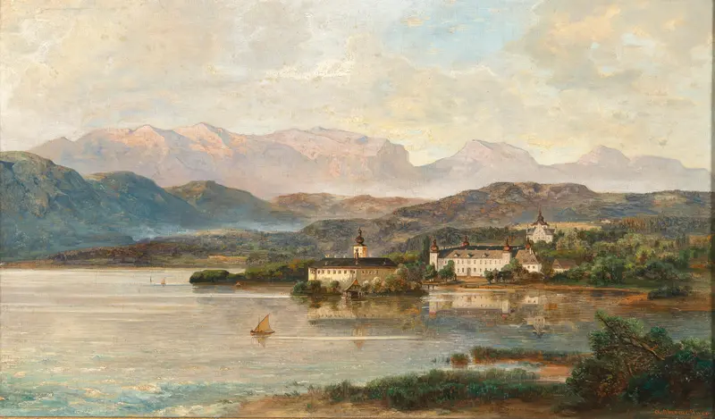 Schloss Orth in Gmunden by Adolf Obermüllner, oil painting depicting a castle reflection on water.