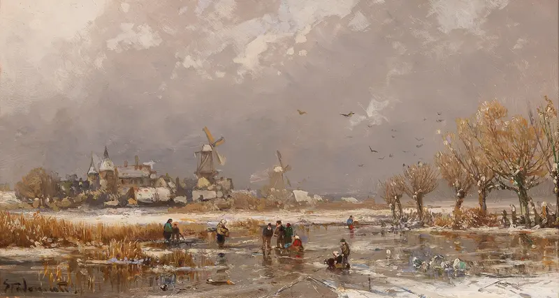 Winter Pleasures On The Ice by Adolf Stademann, genre scene depicting figures skating on ice.