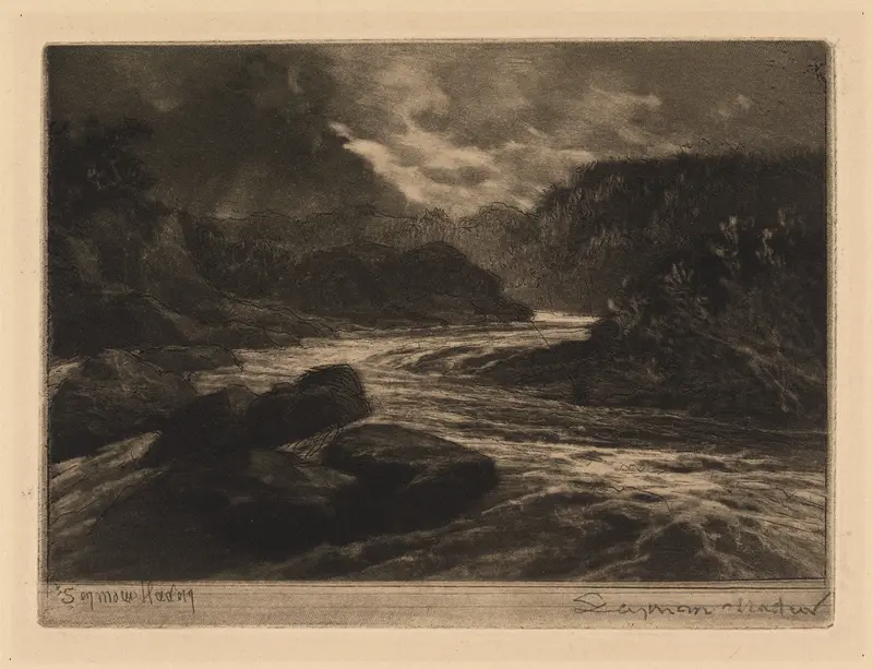 Engraving by Francis Seymour Haden depicting a tranquil river landscape.