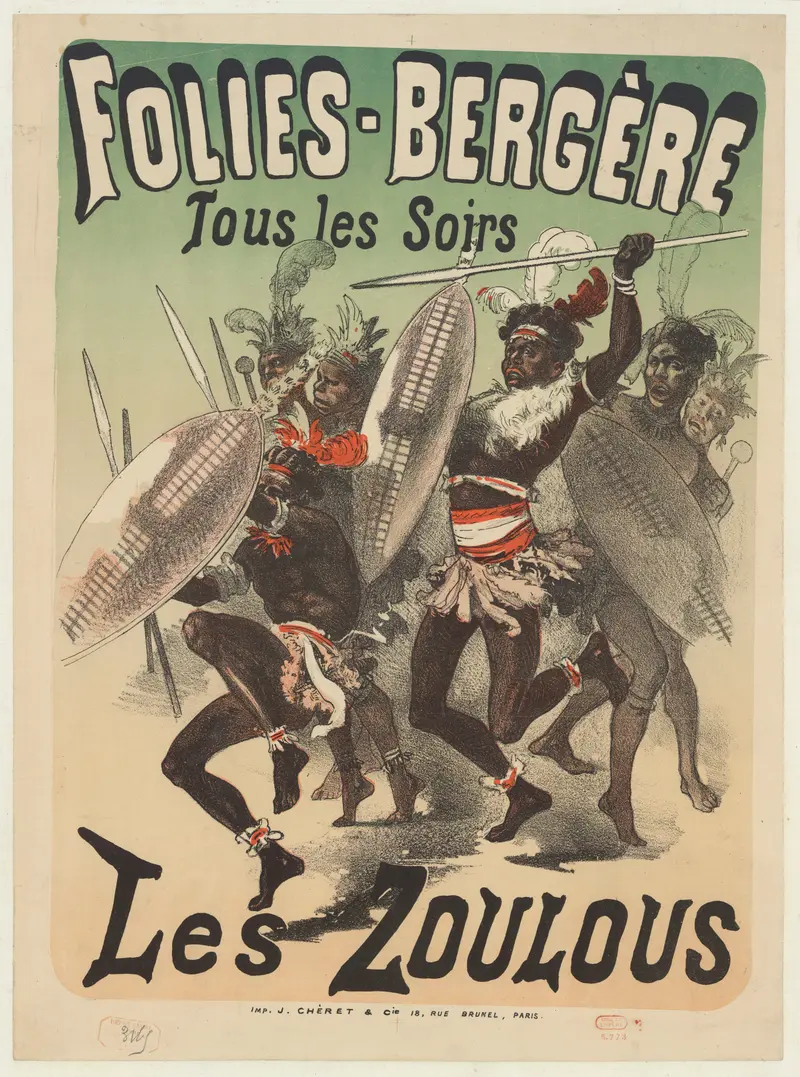A vibrant scene depicting the Folies Bergère with lively figures and rich colors.