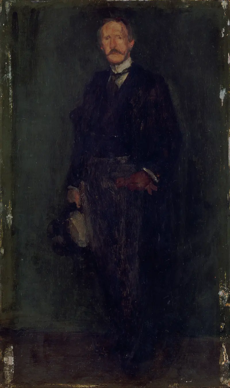 A portrait of Edward Guthrie Kennedy, emerging from darkness with soft features and a glowing hand holding a hat.