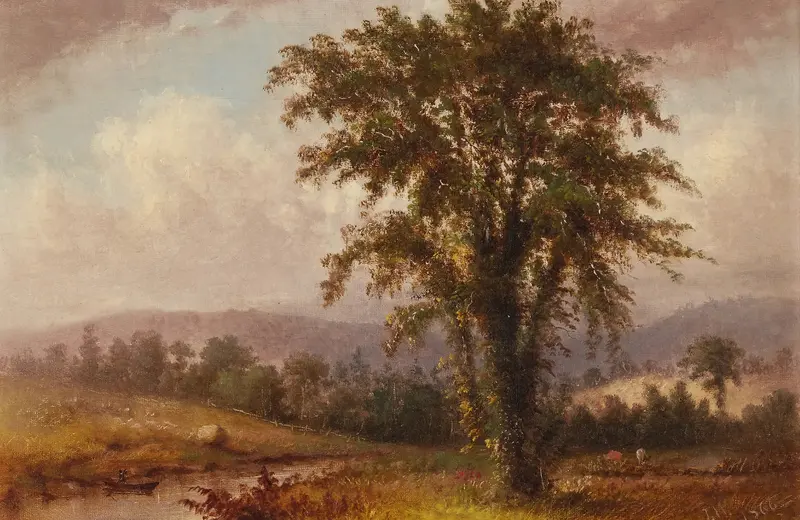 Landscape by Thomas Hill, oil painting depicting a forest with sunlight filtering through trees.