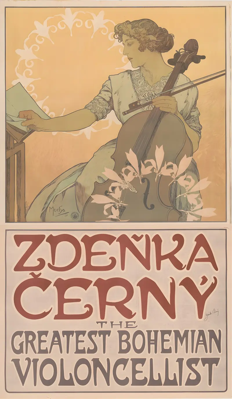 A portrait of Zdeňka Černý, the renowned Bohemian violoncellist, by Alphonse Mucha.