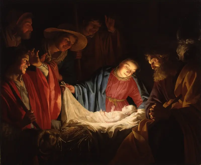 Gerard van Honthorst's 'Adoration of the Shepherds' depicts a tender nativity scene illuminated by candlelight.