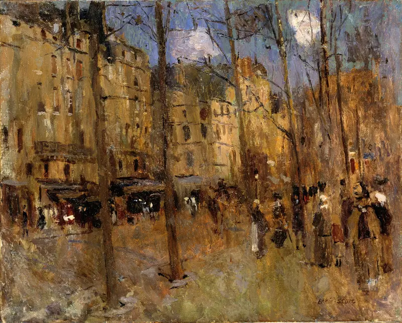 Boulevard St. Germain by Frank Edwin Scott, impressionism, lamplight on a cobblestone street