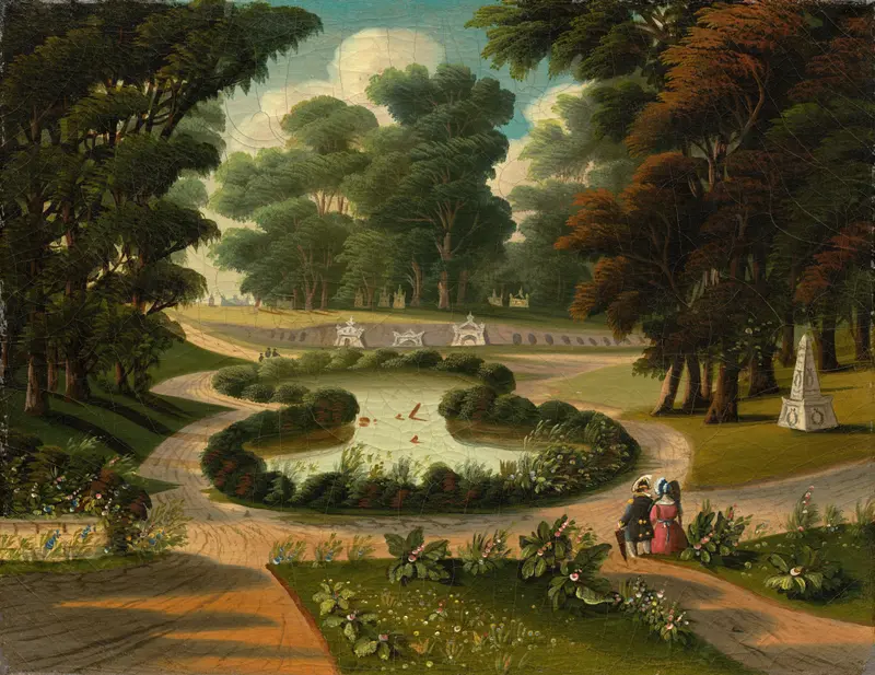 Mount Auburn Cemetery by Thomas Chambers, oil on canvas, depicting tombstones and trees in a tranquil landscape.