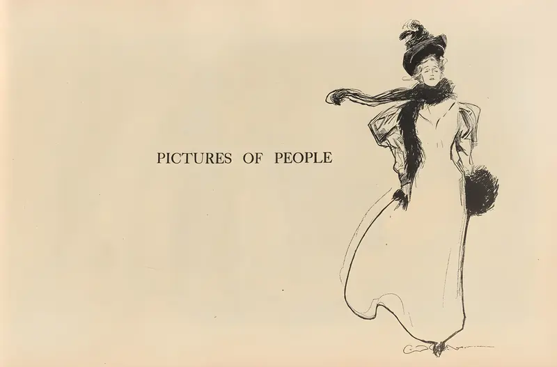 A drawing depicting elegant women and dapper men in social settings.
