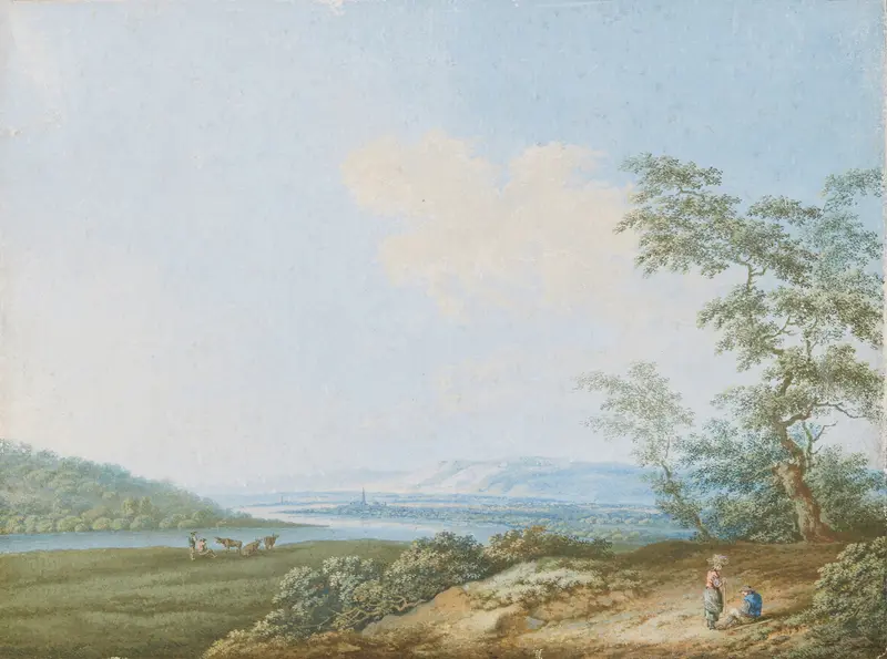 Paysage avec une rivière by Carl Ludwig Hackert, oil on canvas depicting a tranquil river and soft light.