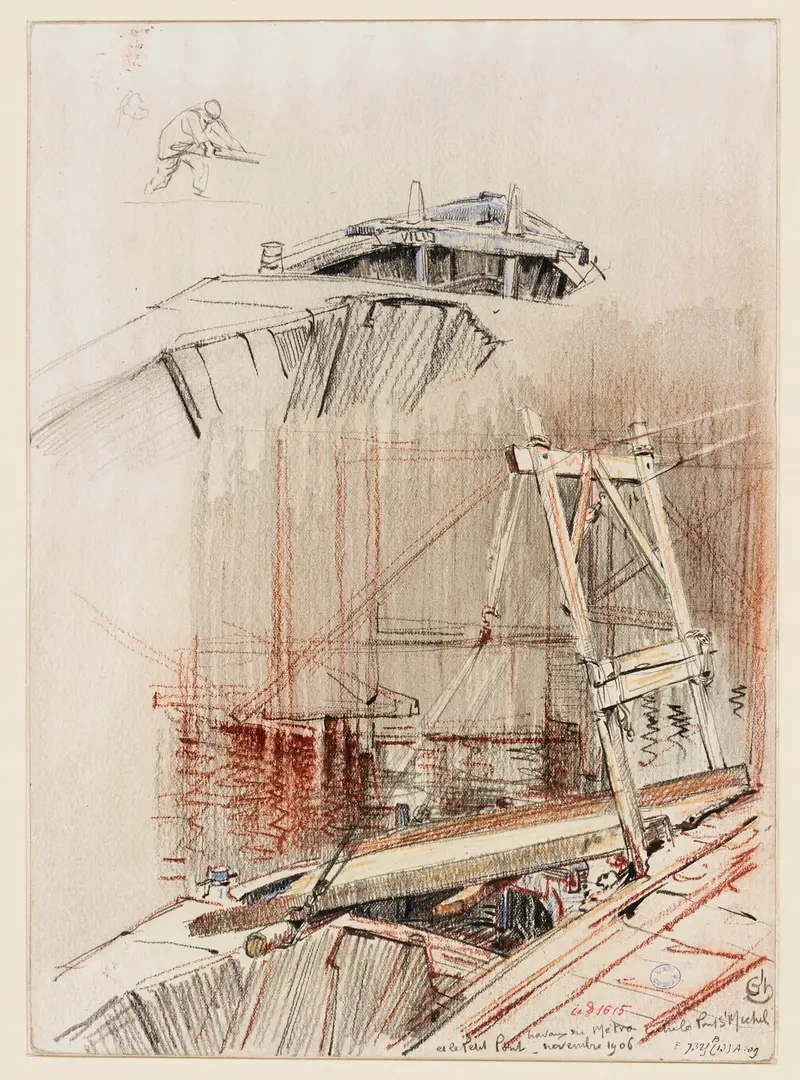 Watercolour by Charles Jouas depicting an urban landscape with bridges and construction.