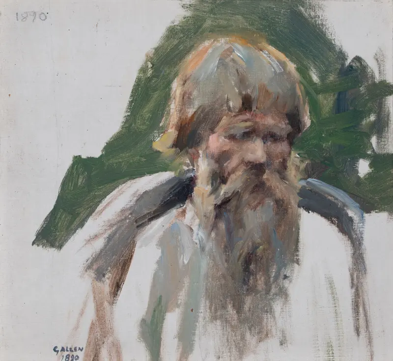 A rugged figure with wild hair and beard, embodying the legendary Väinämöinen against a green thicket background.