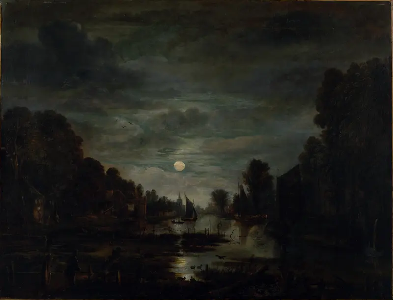 River Landscape in Moonlight, oil painting by Aert van der Neer