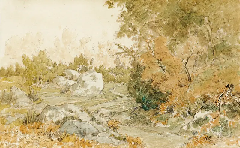 The Road to Paris, oil on canvas by Théodore Rousseau, depicts a winding forest path.