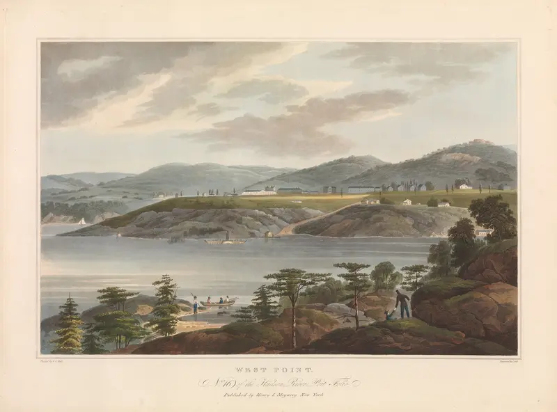 Engraving by John Hill depicting the Hudson River and jagged cliffs