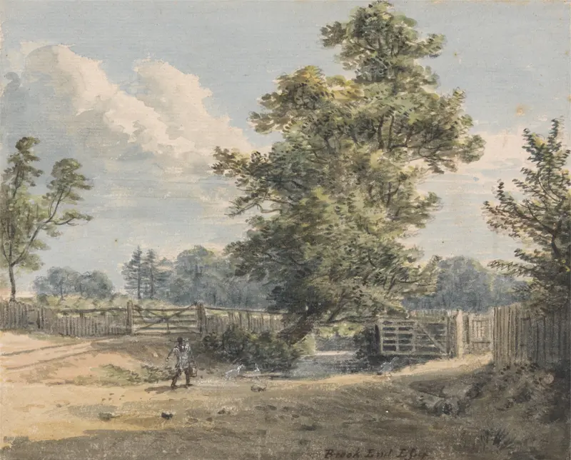 Watercolour by Paul Sandby depicting a tranquil landscape with soft hills and gentle light.