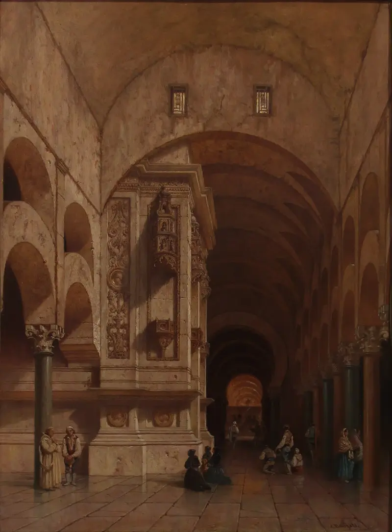 The vast interior of the mosque features a forest of columns and intricate carvings, with small figures gathered on the cool stone floor.
