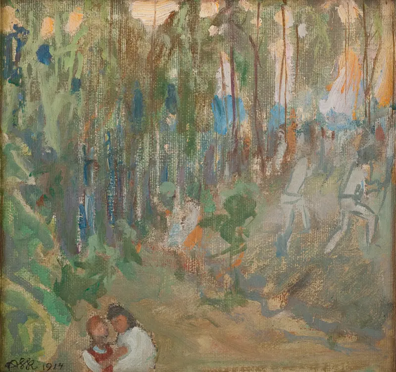 Vainovalkeat by Akseli Gallen-Kallela, oil painting depicting luminous figures in ethereal light.