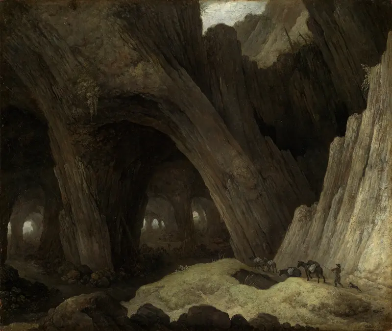 Landscape with mule drivers navigating a cavernous terrain, oil painting by Guillam Dubois