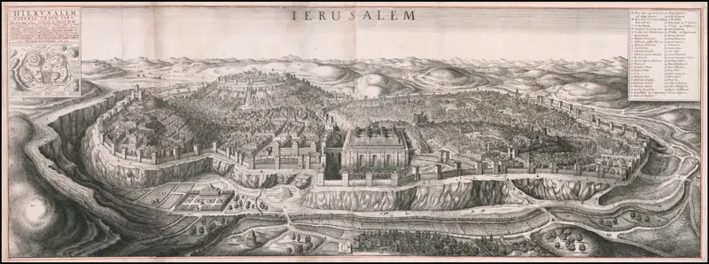 Bird’s eye view of Jerusalem engraving by Wenceslaus Hollar, depicting the city's silhouette and landscape.