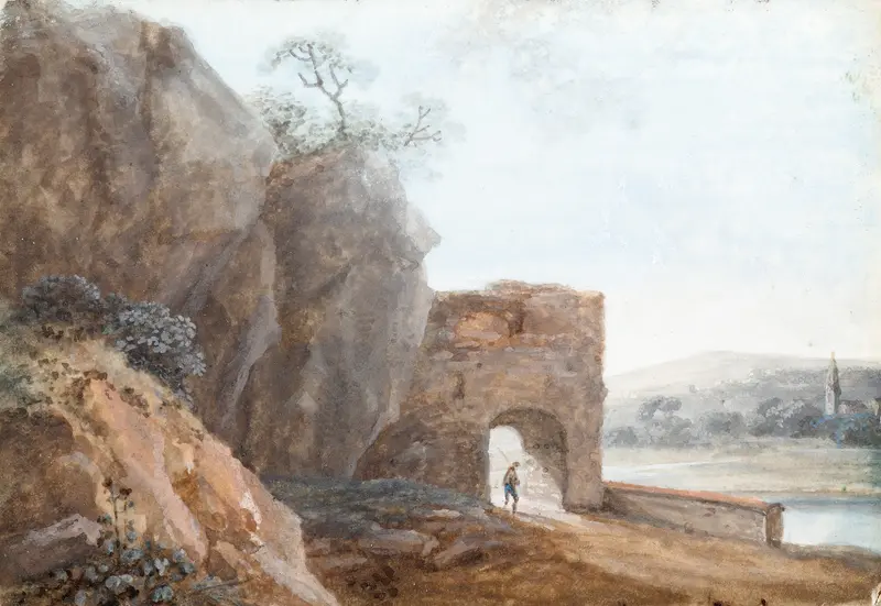 Landschaft by Johann Christian Brand, oil on canvas depicting a serene landscape with hills and twilight.