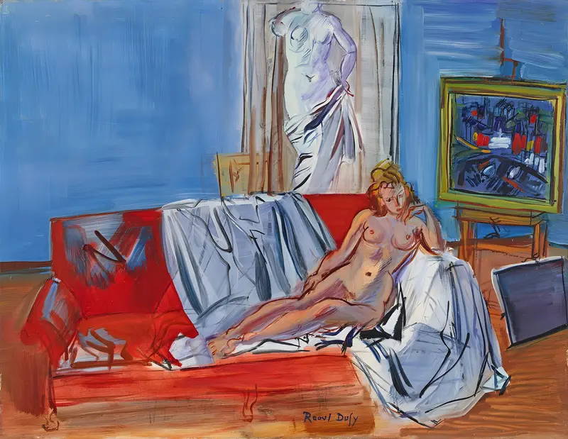 Raoul Dufy's 'Nu couché dans l’atelier de la rue Jeanne-d’Arc' features a reclining nude figure in a vibrant studio setting.