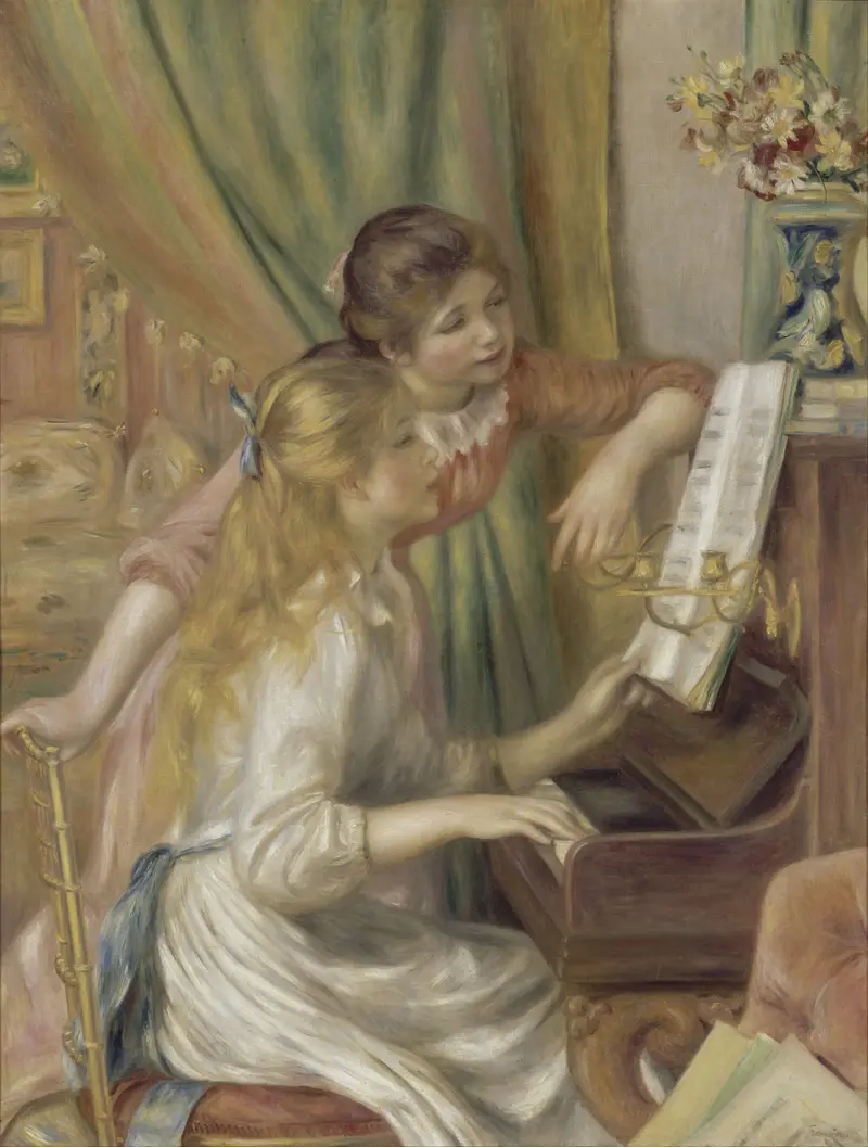 Two young girls at an upright piano, one seated playing keys in a white dress with blue sash, the other standing in a pink dress turning sheet music.